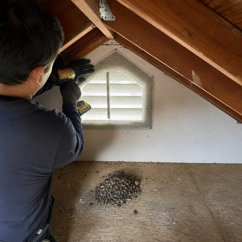 Contractor installing attic rodent proofing screen on gable vent nationwide