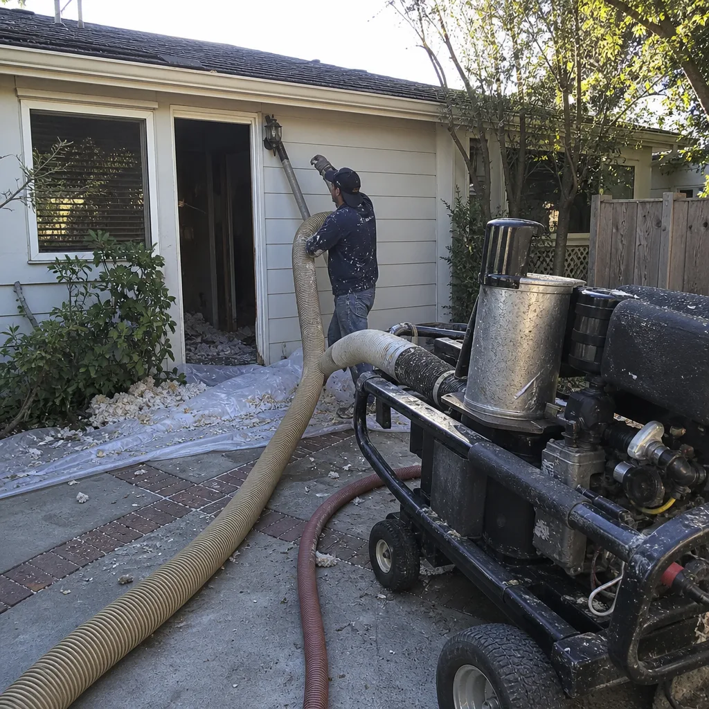 Technician performing professional insulation removal using industrial vacuum equipment nationwide