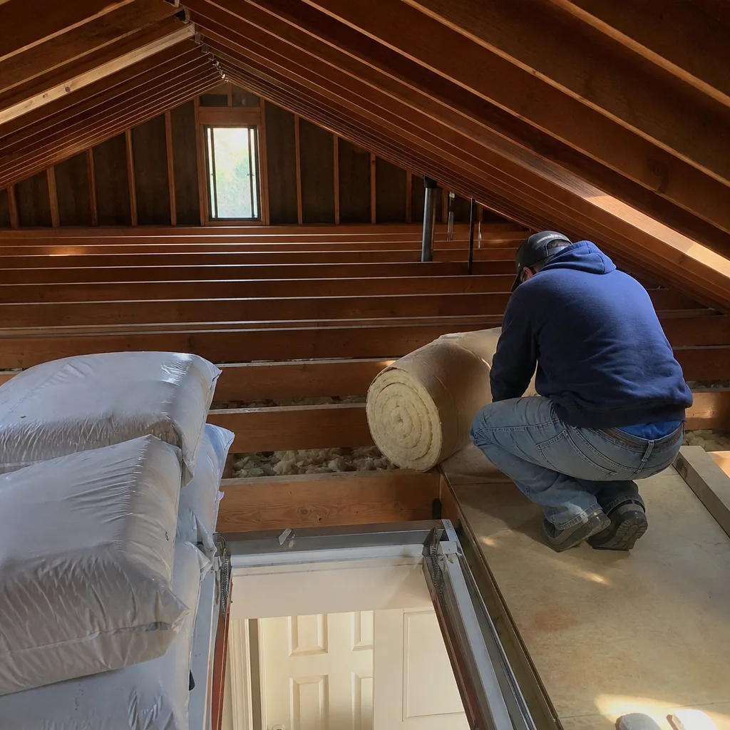 Contractor installing fiberglass attic insulation roll for professional home energy efficiency nationwide