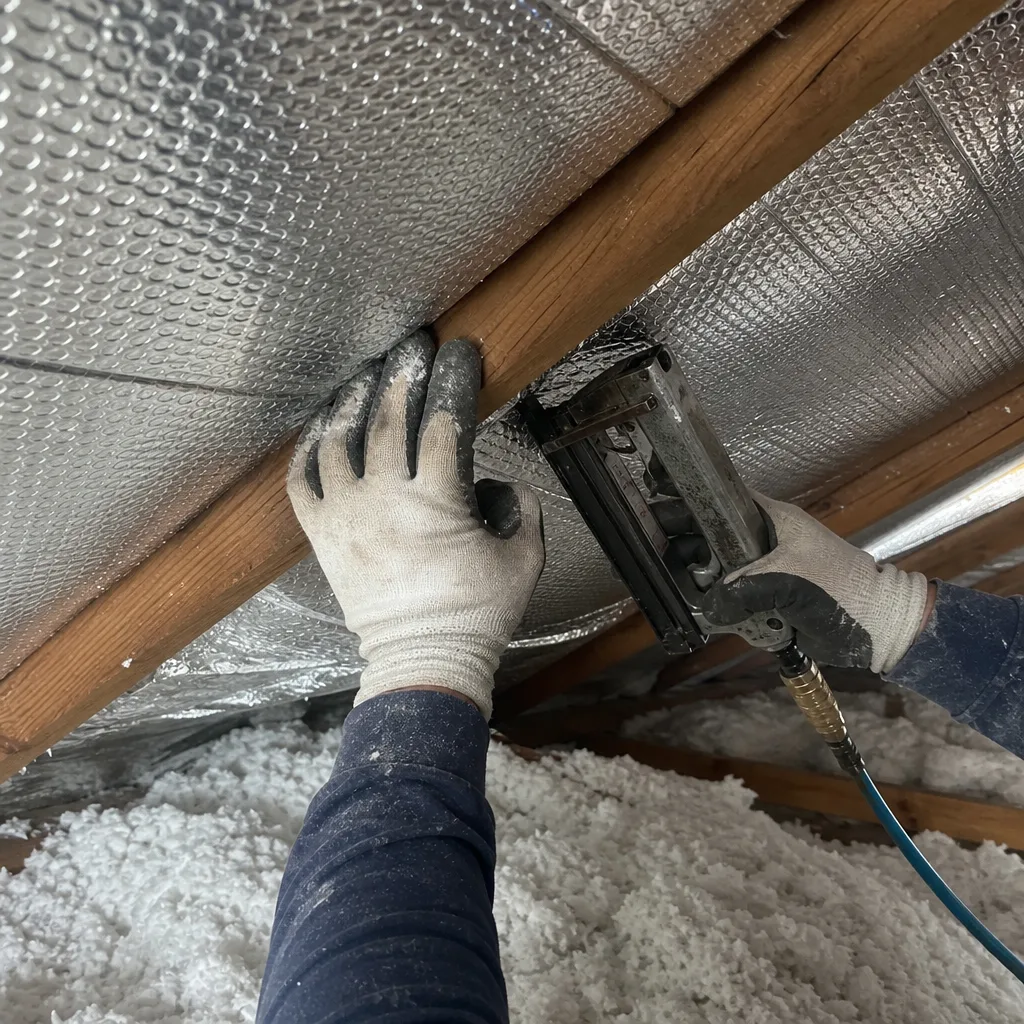 Worker installing radiant barrier foil insulation in an attic nationwide