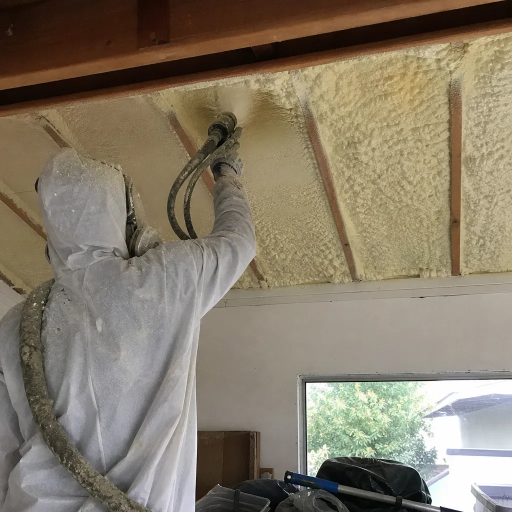 Contractor applying spray foam insulation to ceiling between wooden beams