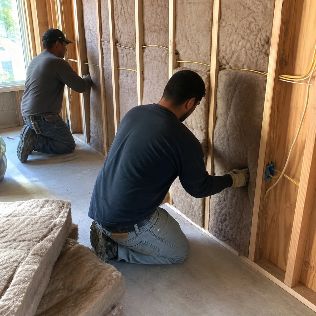 Professional contractors installing fiberglass batt wall insulation in a new home construction nationwide